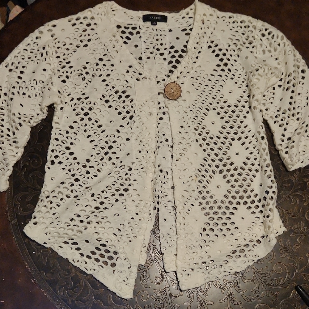 Kaktus Women's White Open-Knit Cardigan Sz Sm